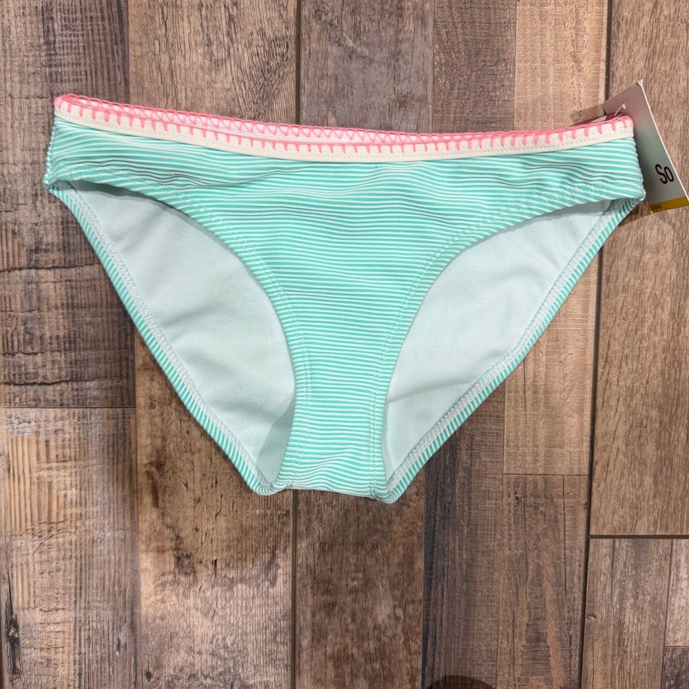SO Junior Swimwear Mint Striped Pop Stitch Ribbed‎ Hipster Bikini Bottom S  New